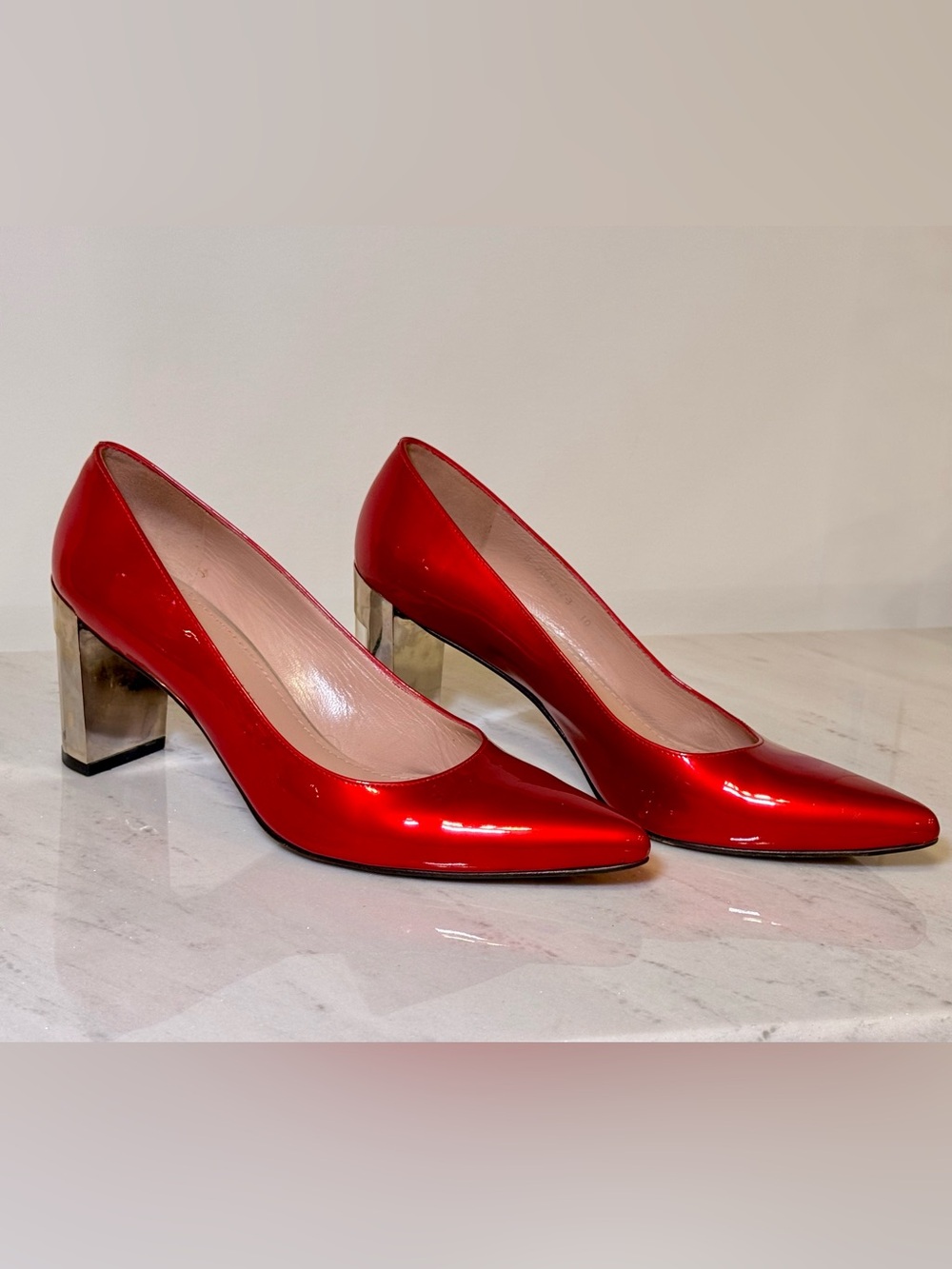 Stuart Weitzman Red Patent Leather Pointed Toe Lucite Block Heel Pumps 10M